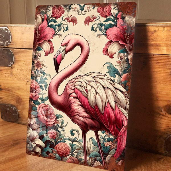 Vintage Pink Flamingo Metal Wall Door Sign Home Decor Gift, Vintage Floral Retro Exotic Bird Plaque, Waterproof Aluminium, 200mm x 305mm