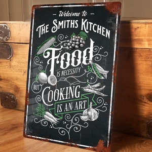 Letrero de cocina personalizado Señalización de puerta de pared de metal Cooking is Art Chef Galley Room Vintage Retro Placa de estaño impermeable A4 Aluminio brillante