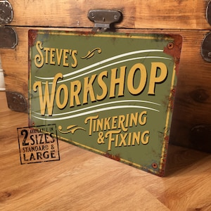 Personalised Workshop Sign Metal Wall Door Decor Accessory, Garage, Shed Vintage Retro Tin Plaque, Waterproof Aluminium, 200mm x 305mm