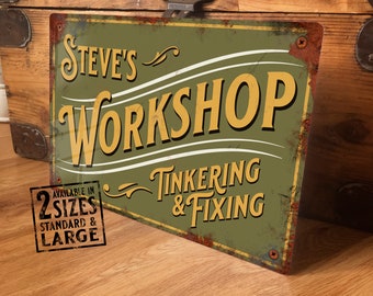 Personalised Workshop Sign Metal Wall Door Decor Accessory, Garage, Shed Vintage Retro Tin Plaque, Waterproof Aluminium, 200mm x 305mm