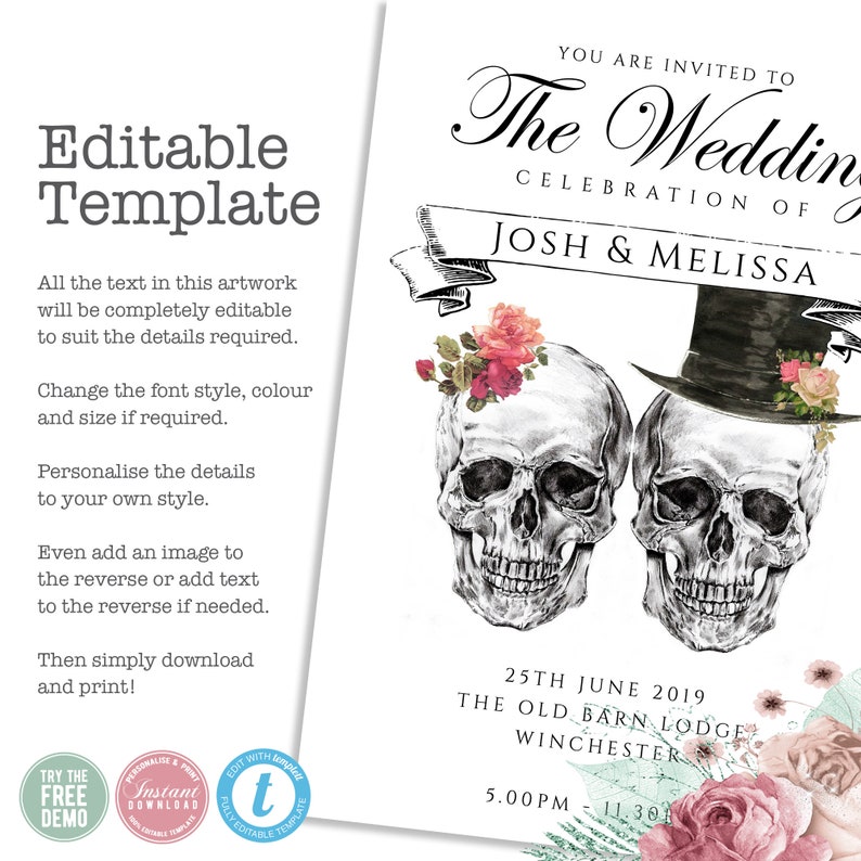 Personalised Wedding Skulls Invitation Editable Instant | Etsy