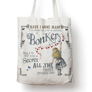 Sac fourre-tout Alice au pays des merveilles, sac à provisions, sac de sport, sac d'éducation physique, bandoulière, école, université, chapelier fou, bonkers coeurs 38 cm x 40 cm