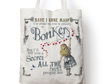 Alice Wonderland Tote Bag, Shopping Bag, Gym Bag, PE Bag, School, university over shoulder, Mad Hatter Bonkers Hearts Design 38cm x 40cm