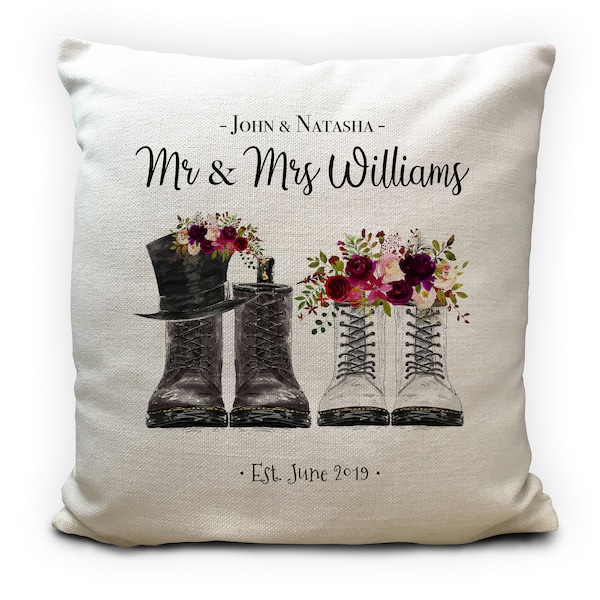 Personalised Wedding Doc Martens Cushion Cover Gift - Mr and Mrs Gothic Grunge Punk Boots Anniversary Vintage Gift - Home Decor Decoration