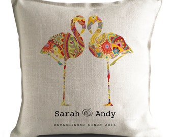 Personalised Flamingo Wedding Gift Cushion Cover - Paisley Flamingos - Mr and Mrs bride and groom - 16 inch 40cm