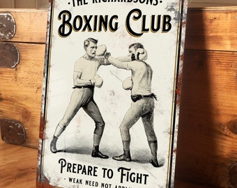 Insegna vintage personalizzata del club di boxe Accessorio personalizzato per la decorazione della porta da parete in metallo, targa in latta retrò vintage per palestra di casa, impermeabile 200 mm x 305 mm