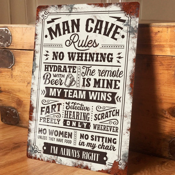 Man Cave Sign Vintage Metal Office Wall Door Decor Accessory, Shed, Garage Retro Plaque, Waterproof Aluminium, 200mm x 305mm