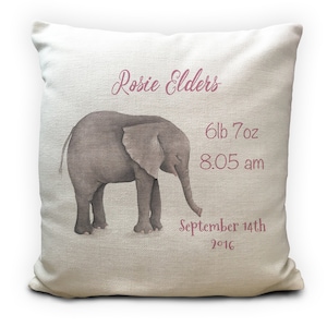 Funda de cojín de bebé personalizada - Nueva niña, regalo de bautizo de niño - Baby Shower - Con detalles de fecha de nacimiento - Elefante de acuarela - 40cm