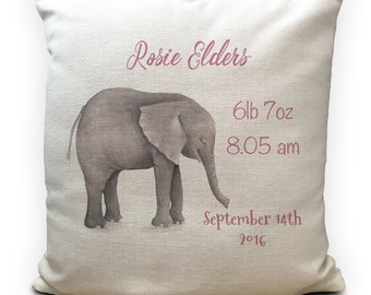 Personalised Baby Cushion Cover - New Baby Girl, Boy Christening Gift - Baby Shower - With Birth Date Details - Watercolour Elephant - 40cm