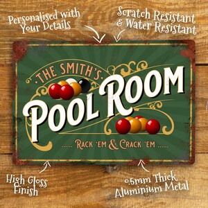 Personalised Pool Room Metal Sign Games Room Wall Door Decor Accessory ...
