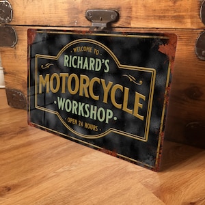 Gepersonaliseerde vintage motorfiets werkplaatsbord aangepaste metalen muur deur decor accessoire, garage, schuur vintage retro tin plaquette, 200 mm x 305 mm