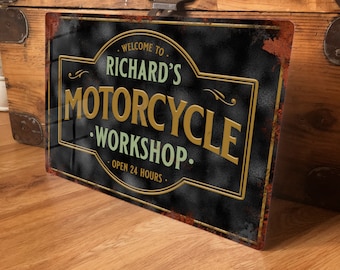 Personalised Vintage Motorcycle Workshop Sign Custom Metal Wall Door Decor Accessory, Garage, Shed Vintage Retro Tin Plaque, 200mm x 305mm