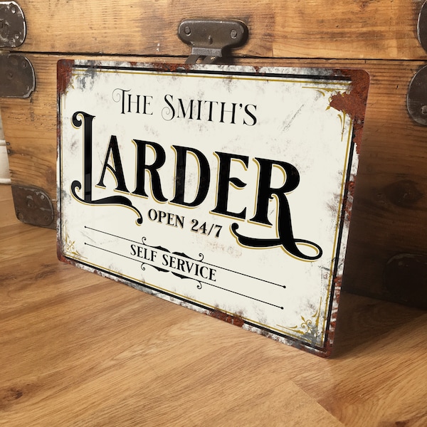 Personalised Larder Sign Metal Wall Door Decor Signage Accessory, Food Cupboard Storage Vintage Retro Tin Plaque, Waterproof, 200mm x 305mm