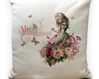 Alice in Wonderland Gift Cushion Cover, Vintage Home Decor, Shabby Chic Roses and Butterflies - High Quality Fabric - 40cm 16 inches