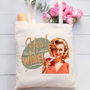 Enthält Wein-Einkaufstasche, Einkaufs-Aufbewahrungstasche, 1950er-Jahre-Weintrinker-Hausfrau, langer Griff über der Schulter, waschbare Reisetasche, 38 cm x 40 cm