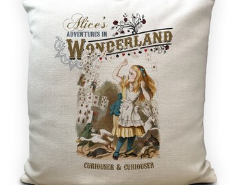 Alice In Wonderland Cushion Cover – 16x16 Inch, Vintage Style, "We're All Mad Here" – Multicoloured Polyester/Cotton