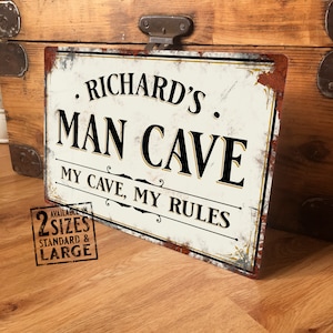 Personalised Man Cave Sign Metal Wall Door Decor Office Accessory, Shed, Garage Vintage Retro Plaque, Waterproof Aluminium, 200mm x 305mm