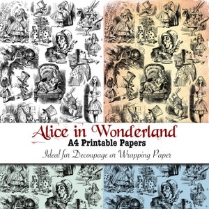 Alice in Wonderland Instant Download - Vintage Printable Decoupage and Decorative Gift Wrapping Paper Set of 4 Art Prints