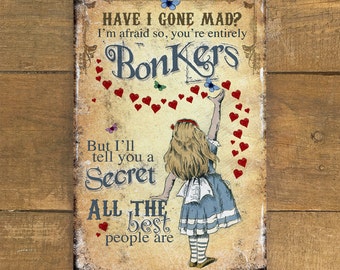Alice Wonderland Bonkers Hearts- Vintage Metal Wall Sign Plaque - Mad Hatter Tea Party - Large Aluminium Wall Hanging - 200mm x 300mm