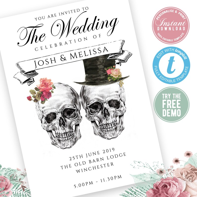 Personalised Wedding Skulls Invitation Editable Instant | Etsy