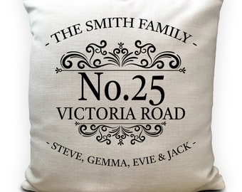 Personalised Family Home Cushion Cover House Warming gift, House Number Street Road Name, New Home Decor, House Number Cushion 16x16 Inch