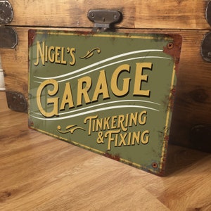 Personalised Garage Sign Metal Wall Door Plaque Accessory, Vintage Retro Workshop Decor, Waterproof Aluminium, 200mm x 305mm