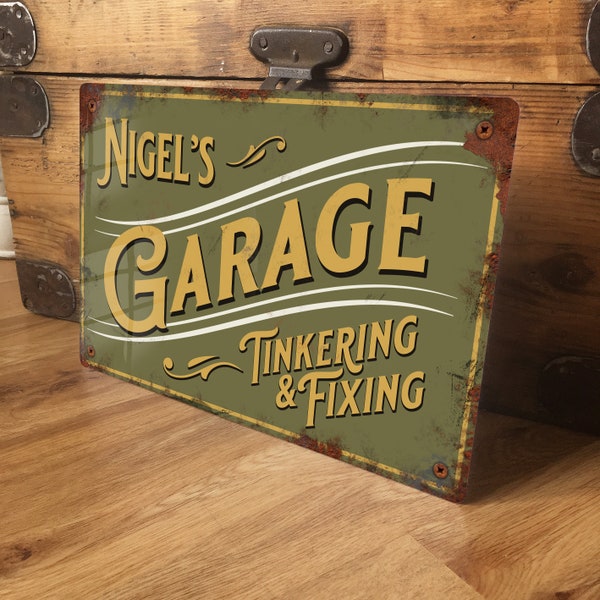 Personalised Garage Sign Metal Wall Door Plaque Accessory, Vintage Retro Workshop Decor, Waterproof Aluminium, 200mm x 305mm