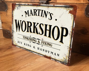 Personalised Workshop Garage Metal Sign Wall Door Decor Accessory, Shed Vintage Retro Tin Plaque, Waterproof Aluminium, 200mm x 305mm