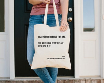 Dear Person Positivity Tote Bag, Feel Good Slogan Shopping Bag