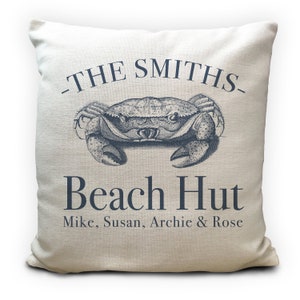 Personalised Beach Huts Seaside Family Holiday Home Cushion Cover with Crab Illustration - Camper or Beach Hut - Home Decor  40cm 16 inches