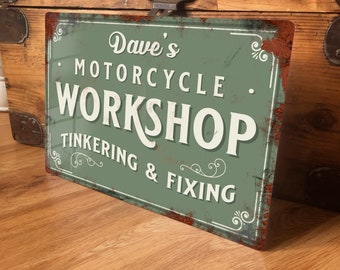 Enseigne personnalisée d'atelier de moto en métal, décoration de porte murale en métal vert sauge vintage, abri de garage pour moto rétro, plaque en étain en aluminium 200 x 305 mm