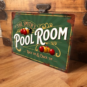 Personalised Pool Room Metal Sign Games Room Wall Door Decor Accessory, Vintage Retro Tin Plaque, Waterproof Aluminium, 200mm x 305mm
