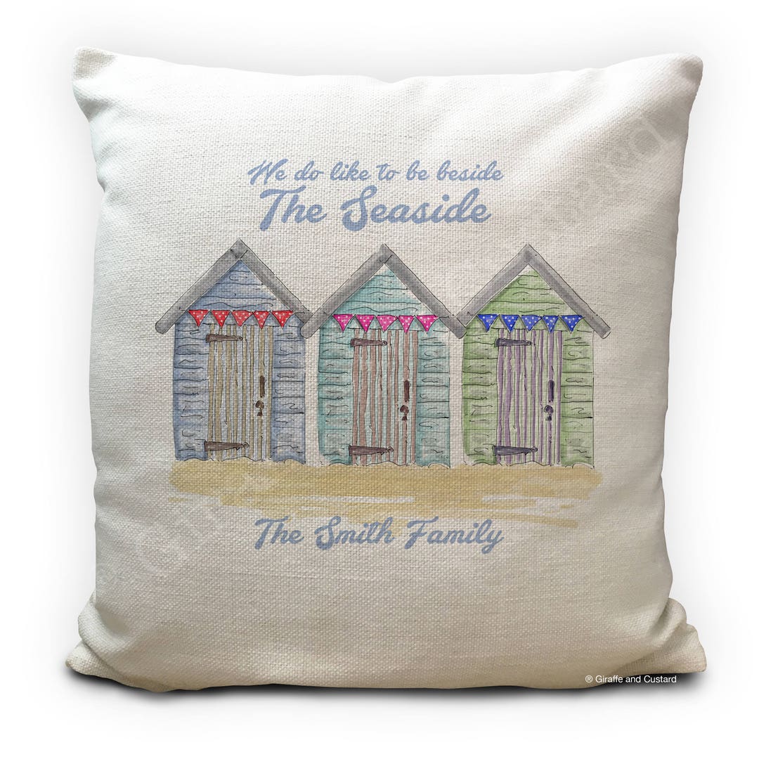 Beach Hut Gift Personalised Cushion Cover, Beside the Seaside Print