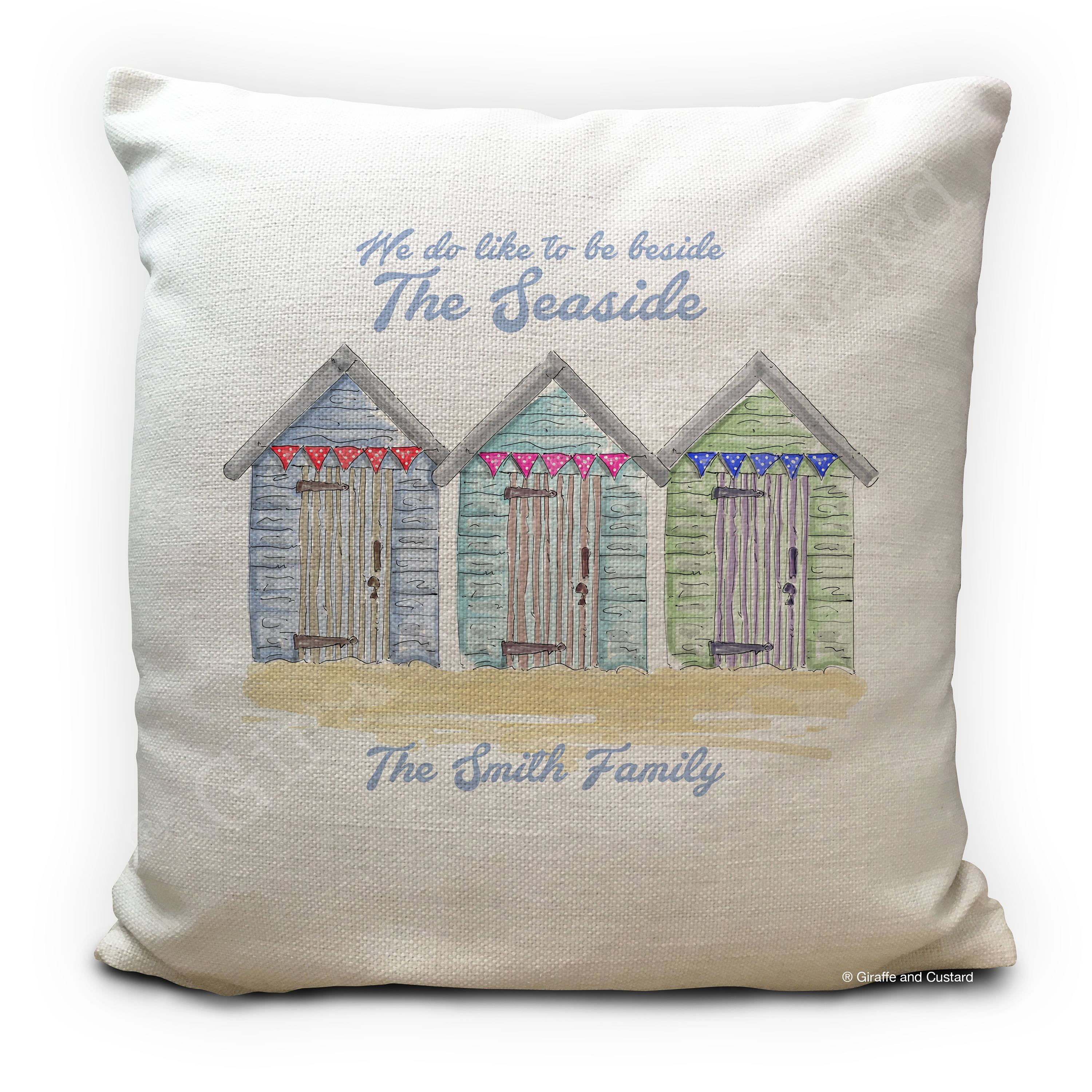 Beach Hut Gift Personalised Cushion Cover, Beside the Seaside Print, Family Holiday Accessories, Summer House Home Decor - 40cm 16 inches