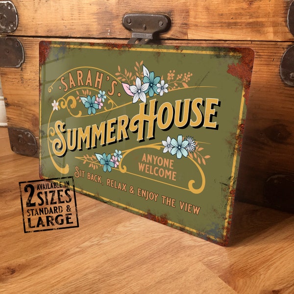 Personalised Summer House Sign Metal Garden Wall Door Decor Accessory, Shed Vintage Retro Plaque, Waterproof Aluminium, 200mm x 305mm