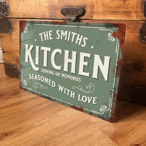 Personalised Metal Kitchen Sign Wall Door Signage Sage Green Galley Room Vintage Retro Tin Plaque - Waterproof A4 Aluminium - 200mm x 305mm