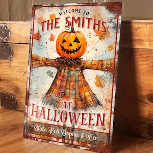 Personalised Halloween Sign Metal Wall Door Decor Scary Pumpkin Traditional Family Accessory Gift, Vintage Plaque, 200mm x 305mm