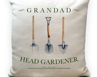Personalised Gardener Cushion Cover, Gardening tools vintage style illustration, Head Gardener, Dad, Grandad, name, Shed interior decor 40cm