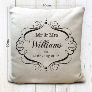 Personalised Wedding Cushion Cover Mr and Mrs Bride and Groom Anniversary Vintage Style Gift Home Decor Decoration 40cm 16 Inches image 3