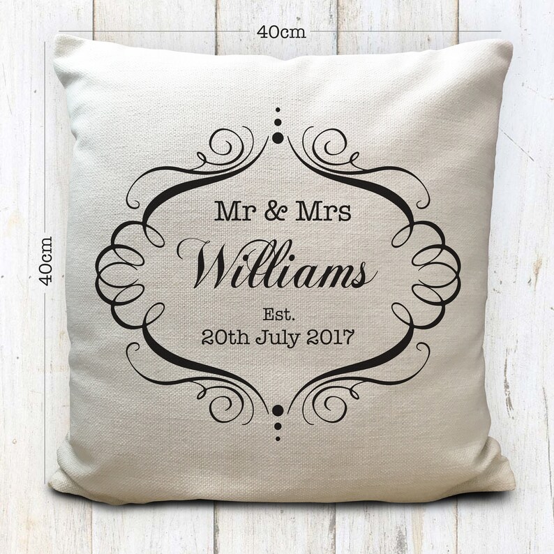 Personalised Wedding Cushion Cover Mr and Mrs Bride and Groom Anniversary Vintage Style Gift Home Decor Decoration 40cm 16 Inches image 3