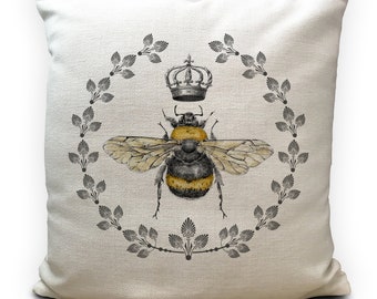 Bee Cushion Pillow Cover - Honey Yellow Bumble Bee and Grey Crown Vintage Illustration Artwork - Traditional Home Decor 40cm 16 inch