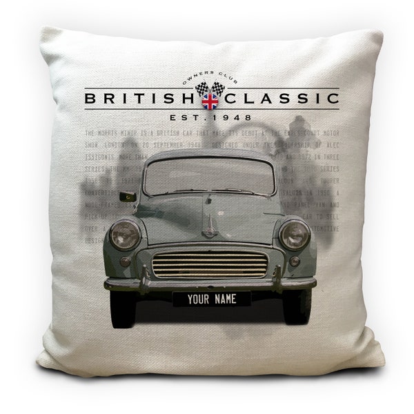 Personalised Morris Minor British Classic Car Cushion Cover - Vintage Retro Collectors Home Accessory - Your Name Number Plate - 16 Inch