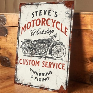 Cartello officina moto personalizzato, decorazione porta parete in metallo, accessorio moto, garage, capannone, targa in latta retrò vintage, alluminio, 200 x 305 mm