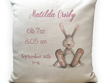 Personalised New Baby Gift Cushion Cover - Birthday Girl, Boy Christening Gift - With Birth Date Details - Bunny Rabbit - 40cm 16 inch