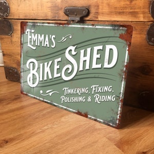 Personalised Bike Shed Sign Metal Wall Door Decor Bicycle Accessory Garage Garden Shed Vintage Retro Tin Plaque Aluminium 200mm x 305mm