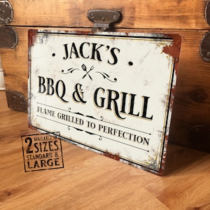 Personalised BBQ Sign Outside Metal Wall Door Signage - Barbecue Grill Vintage Retro Tin Plaque - Waterproof A4 Aluminium - 2 Large Sizes