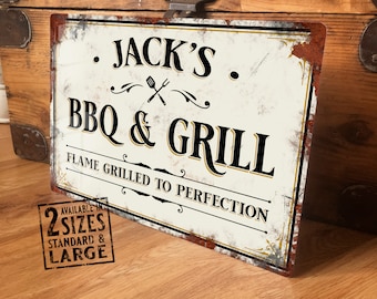 Personalised BBQ Sign Outside Metal Wall Door Signage - Barbecue Grill Vintage Retro Tin Plaque - Waterproof A4 Aluminium - 2 Large Sizes
