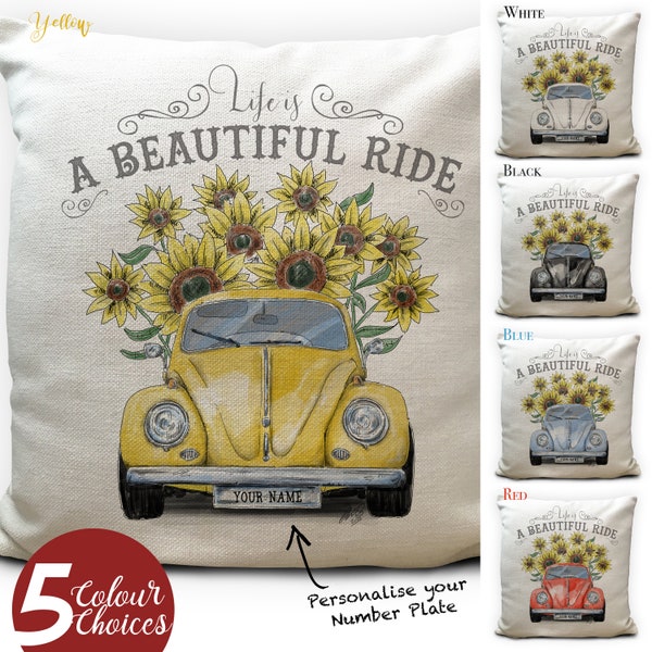 Personalised Vintage Beetle Car Cushion Cover Gift - Retro Bug - 5 Colour Options - Your Registration License Number Plate  - 40cm 16 inches