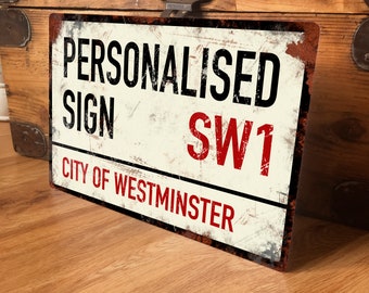 Personalised Street Road Sign Metal Sign Wall Door Decor Accessory, Any Text Post Code, Retro Vintage Plaque, Waterproof, 200mm x 305mm