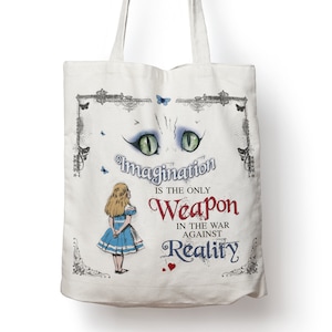 Sac fourre-tout Alice au pays des merveilles, sac à provisions chat du Cheshire, sac de sport, sac d'éducation physique, école, université sur l'épaule, citation imaginaire 38 cm x 40 cm